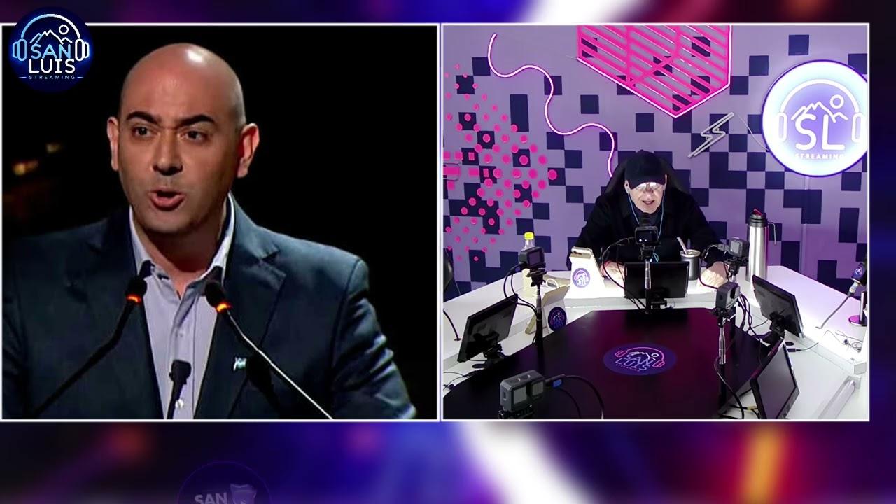César Biondini dialogando sobre la soberanía nacional y la crisis económica con Alberto Trombetta en los estudios de San Luis Streaming.